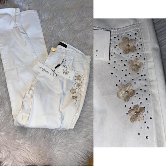 Cristina Barros Women's White Floral Embroidery Jeans - Straight Leg Cotton - Picture 2 of 10